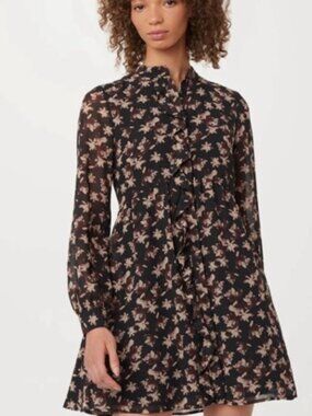 Frank & Oak Moody Floral Mini Dress Brown Black Ruffle Boho | Sz M